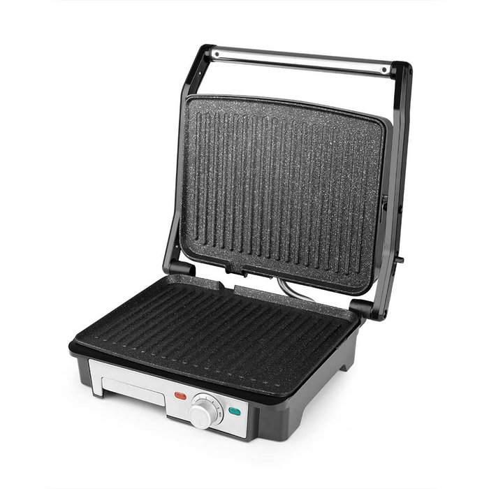 Orbegozo GR 4570 Parrilla Eléctrica de Contacto 2200W, Grill con 2 Zonas, Placas Antiadherentes de 29x23.5 cm, 180º Abatibles, Termostato Regulable y Bandeja Recoge-grasas