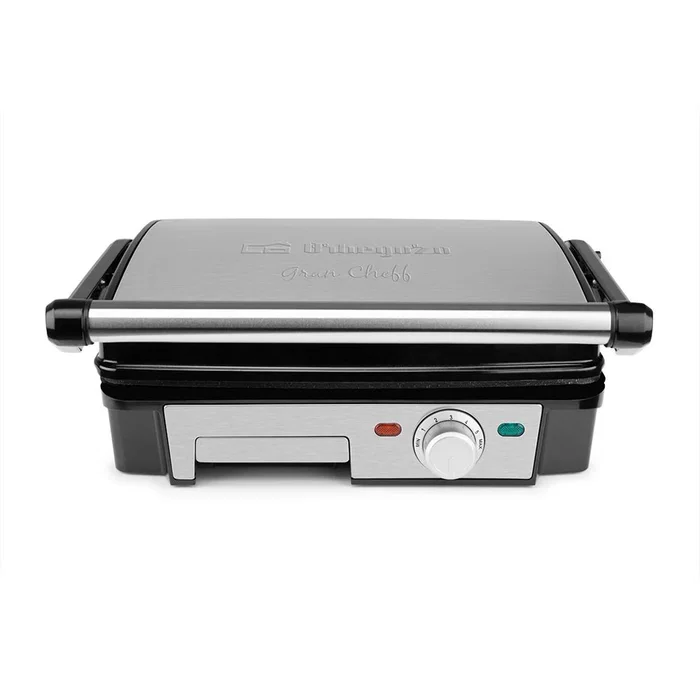 Orbegozo GR 4570 Parrilla Eléctrica de Contacto 2200W, Grill con 2 Zonas, Placas Antiadherentes de 29x23.5 cm, 180º Abatibles, Termostato Regulable y Bandeja Recoge-grasas