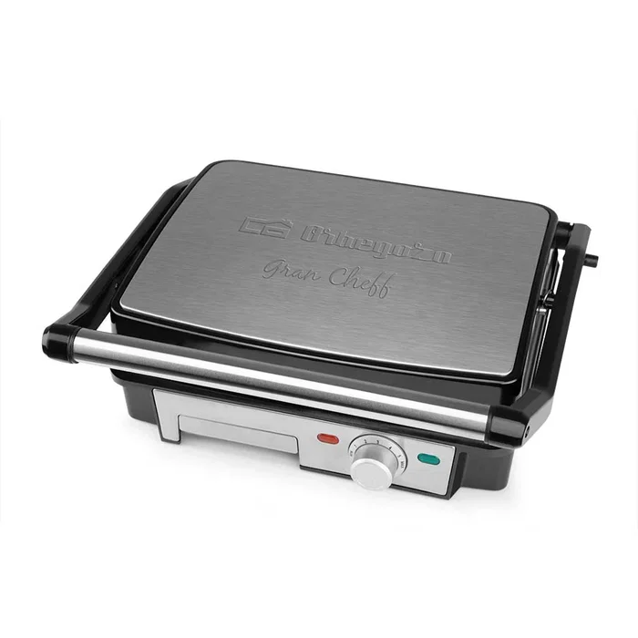Orbegozo GR 4570 Parrilla Eléctrica de Contacto 2200W, Grill con 2 Zonas, Placas Antiadherentes de 29x23.5 cm, 180º Abatibles, Termostato Regulable y Bandeja Recoge-grasas