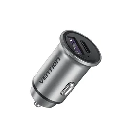 Vention FFBH0 Cargador de Coche con 2 Puertos, USB-C y USB-A, 20W/18W Carga Rápida PD y QC3.0 para iPhone 13, Huawei, Xiaomi - Universal, Gris, Aluminio