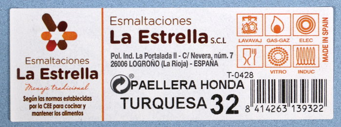 La Estrella Paellera honda y bordonada de 32 cm, color Turquesa, para 8-10 personas, 4.39 kg (4 Unidades)
