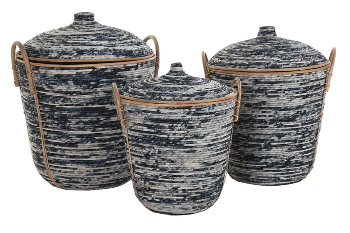 DKD Home Decor Cesta Boho Negro Blanco Ratán Set de 3 51 x 62 x 56 cm