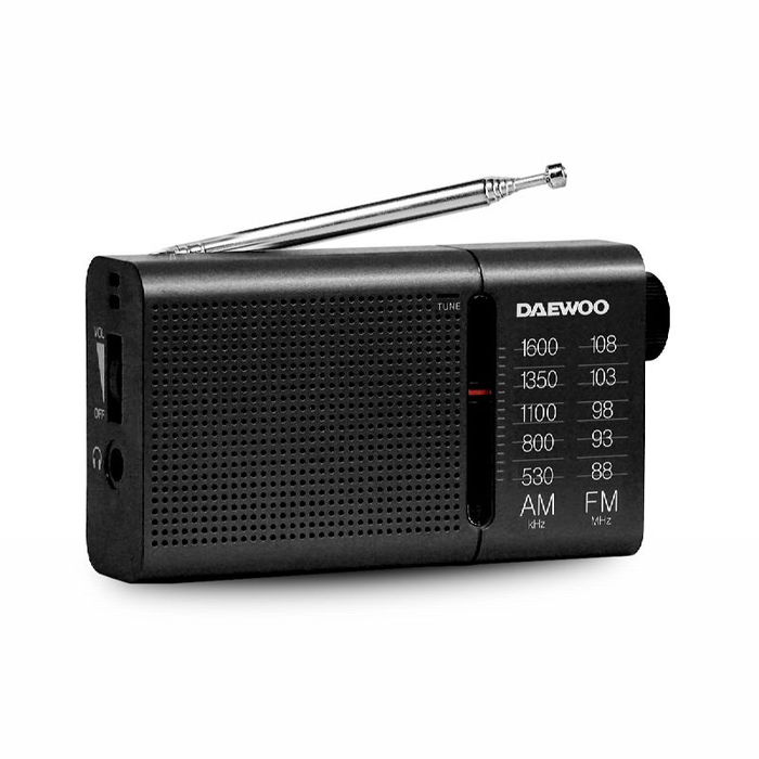DAEWOO RADIO PORTATIL AM/FM NEGRO CON ALTAVOZ INTEGRADO - INCLUYE AURICULARES