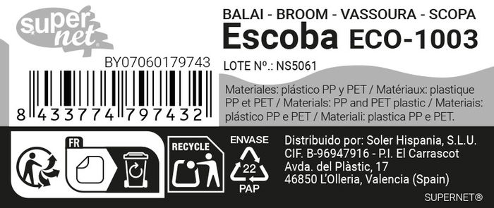 Inde Escoba Eco-1003 Supernet - Dimensiones: 9 cm de ancho x 11.2 cm de alto x 33.4 cm de largo - Peso: 7.26 kg (24 Unidades)