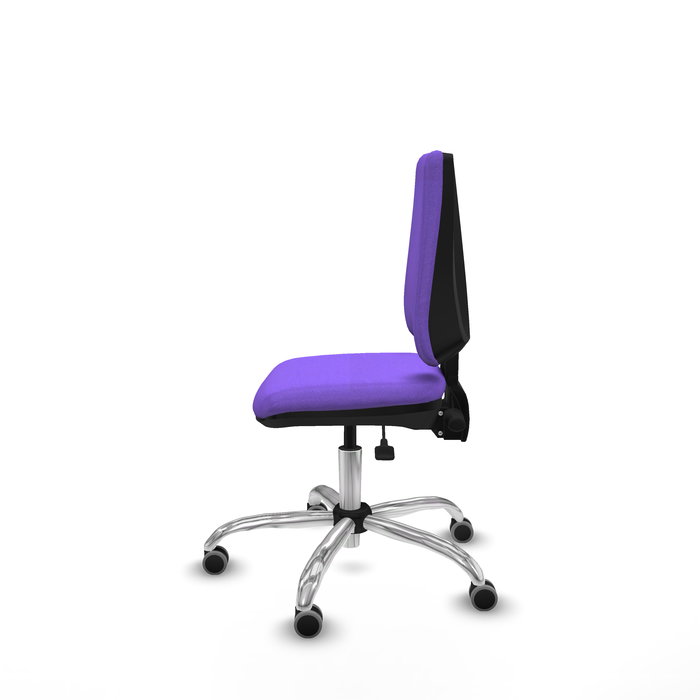 Silla de oficina Elche con mecanismo Asincro tapizada con Tela color Lila. Equipada con Base cromada, Sin brazos y Ruedas 65 mm parqué