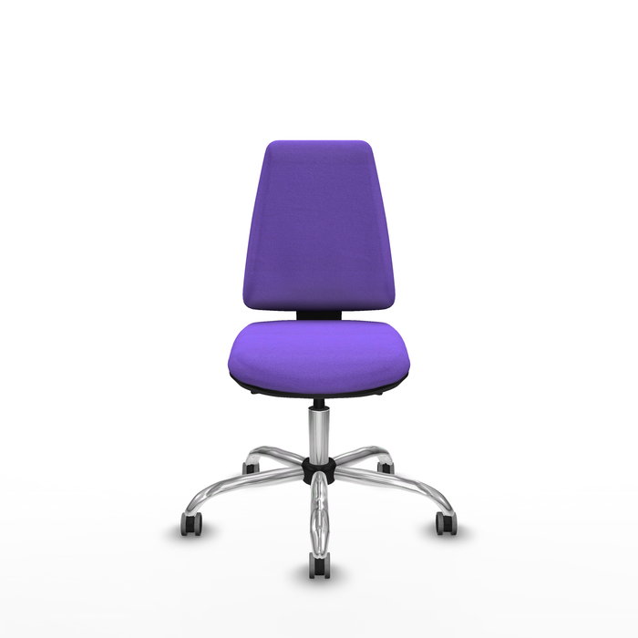 Silla de oficina Elche con mecanismo Asincro tapizada con Tela color Lila. Equipada con Base cromada, Sin brazos y Ruedas 65 mm parqué
