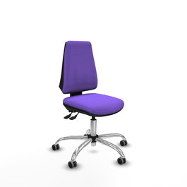 Silla de oficina Elche con mecanismo Asincro tapizada con Tela color Lila. Equipada con Base cromada, Sin brazos y Ruedas 65 mm parqué