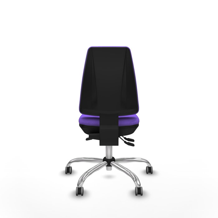 Silla de oficina Elche con mecanismo Asincro tapizada con Tela color Lila. Equipada con Base cromada, Sin brazos y Ruedas 65 mm parqué