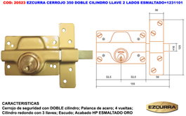 EZCURRA Cerrojo 350 Doble Cilindro con Llave por Ambos Lados Esmaltado