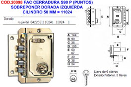 Cerradura de sobreponer dorada izquierda con cilindro de 50 mm S90 P