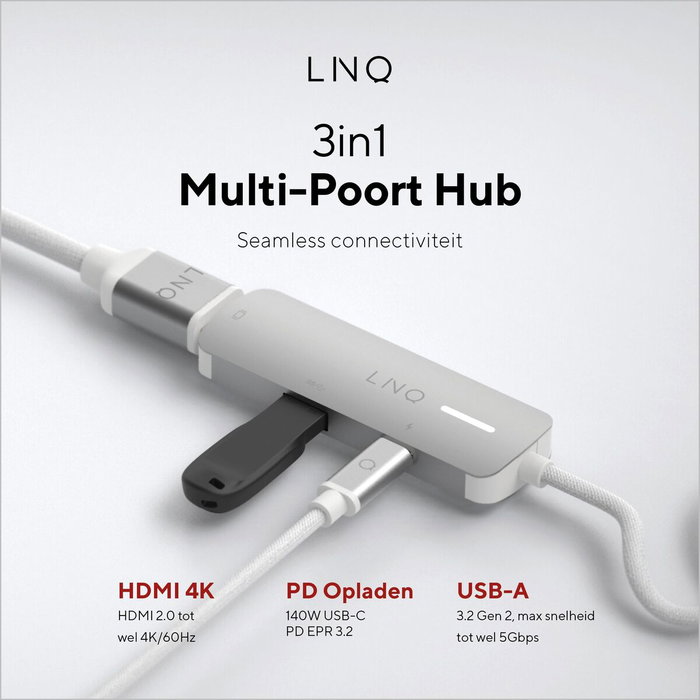 Linq Adaptador USB-C 3 puertos: 1x USB 3.2, 1x HDMI, 1x USB-C PD 140W - Gris Linq Adaptador USB-C 3 puertos: 1x USB 3.2, 1x HDMI, 1x USB-C PD 140W - Gris