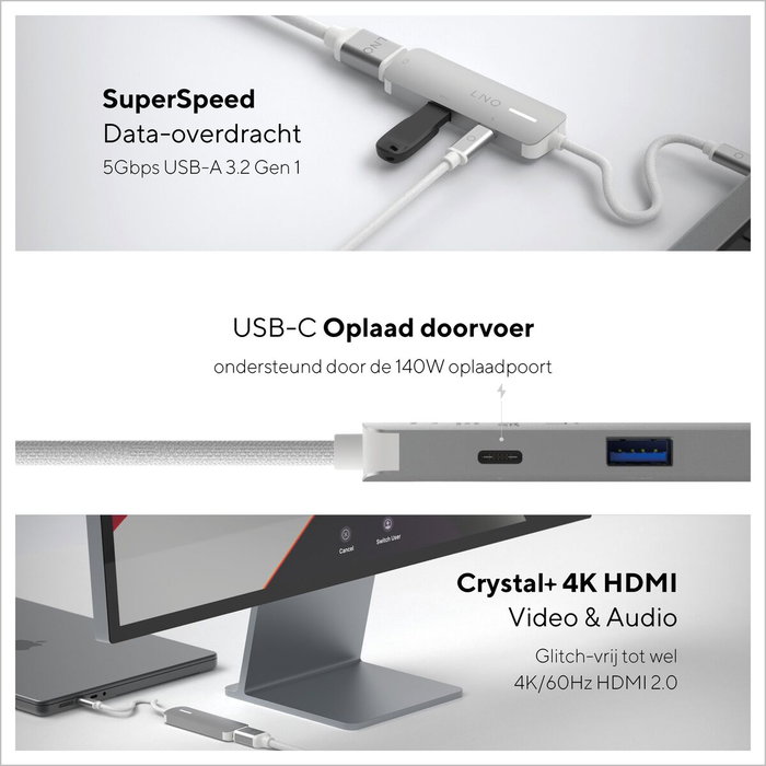 Linq Adaptador USB-C 3 puertos: 1x USB 3.2, 1x HDMI, 1x USB-C PD 140W - Gris Linq Adaptador USB-C 3 puertos: 1x USB 3.2, 1x HDMI, 1x USB-C PD 140W - Gris