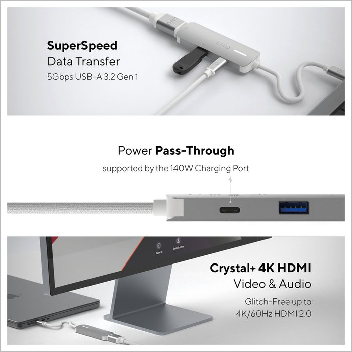 Linq Adaptador USB-C 3 puertos: 1x USB 3.2, 1x HDMI, 1x USB-C PD 140W - Gris Linq Adaptador USB-C 3 puertos: 1x USB 3.2, 1x HDMI, 1x USB-C PD 140W - Gris