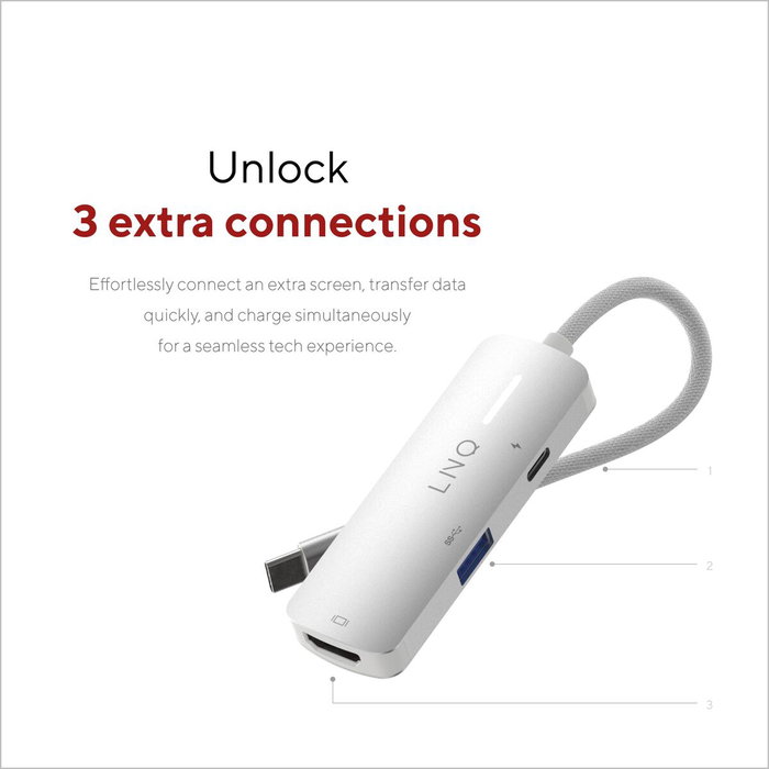 Linq Adaptador USB-C 3 puertos: 1x USB 3.2, 1x HDMI, 1x USB-C PD 140W - Gris Linq Adaptador USB-C 3 puertos: 1x USB 3.2, 1x HDMI, 1x USB-C PD 140W - Gris