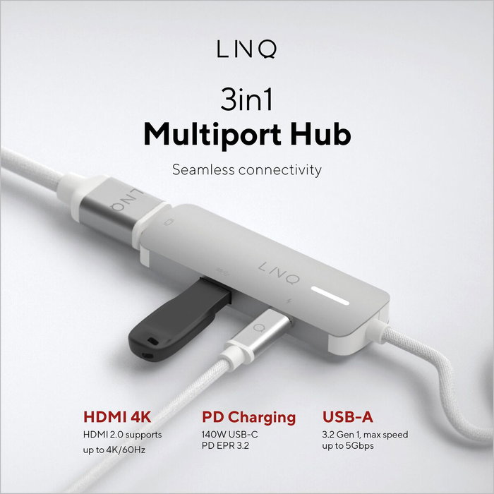 Linq Adaptador USB-C 3 puertos: 1x USB 3.2, 1x HDMI, 1x USB-C PD 140W - Gris Linq Adaptador USB-C 3 puertos: 1x USB 3.2, 1x HDMI, 1x USB-C PD 140W - Gris