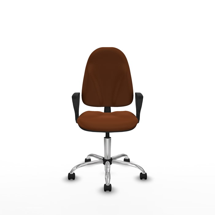 Silla de oficina Algarra con mecanismo Contacto permanente básico tapizada con Similpiel color Marrón. Equipada con Base cromada, Brazos fijos y Ruedas de nailon 50 mm