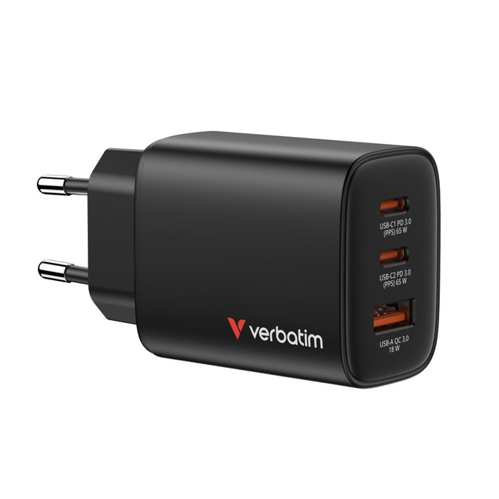 Verbatim Cargador de Pared Essentials GaN 65W 2xUSB-C 1xUSB-A Negro Verbatim Cargador de Pared Essentials GaN 65W 2xUSB-C 1xUSB-A Negro