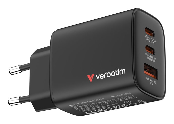 Verbatim Cargador de Pared Essentials GaN 65W 2xUSB-C 1xUSB-A Negro Verbatim Cargador de Pared Essentials GaN 65W 2xUSB-C 1xUSB-A Negro