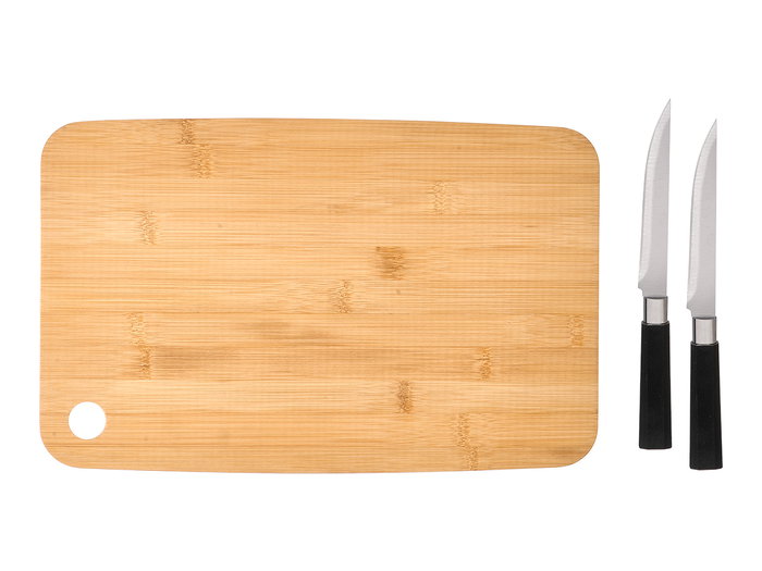 Kinvara Tabla de Cortar de Bambú con 2 Cuchillos Incluidos, Dimensiones 41.5x24 cm, Grosor 2.8 cm, Material Bambú, Color Natural (Set de 8) Kinvara Tabla de Cortar de Bambú con 2 Cuchillos Incluidos, Dimensiones 41.5x24 cm, Grosor 2.8 cm, Material Bambú, Color Natural (Set de 8)