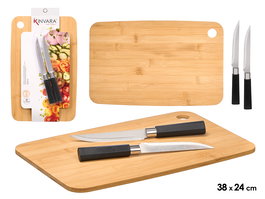 Kinvara Tabla de Cortar de Bambú con 2 Cuchillos Incluidos, Dimensiones 41.5x24 cm, Grosor 2.8 cm, Material Bambú, Color Natural (Set de 8)