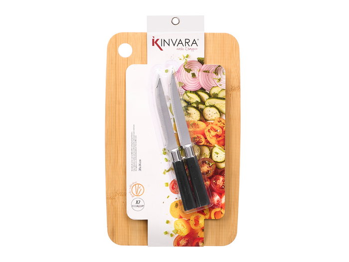 Kinvara Tabla de Cortar de Bambú con 2 Cuchillos Incluidos, Dimensiones 41.5x24 cm, Grosor 2.8 cm, Material Bambú, Color Natural (Set de 8) Kinvara Tabla de Cortar de Bambú con 2 Cuchillos Incluidos, Dimensiones 41.5x24 cm, Grosor 2.8 cm, Material Bambú, Color Natural (Set de 8)