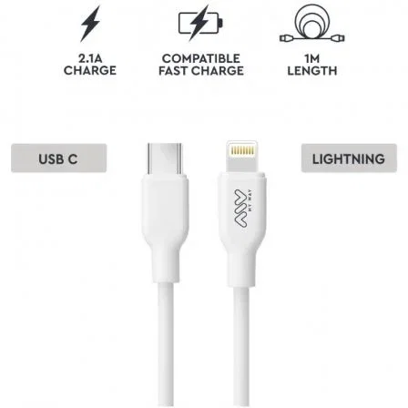 Myway Cable USB 2.0 Tipo-C a Lightning MWUSC0023, Carga Rápida 20W, 480Mbps, 1m, Blanco
