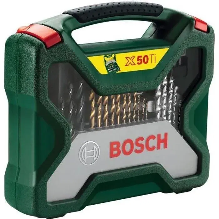 Bosch Caja de accesorios 50 piezas - 11 brocas metal HSS-TIN, 6 brocas material HM, 5 mechas madera, 2 mechas planas titanio, 18 puntas destornillador