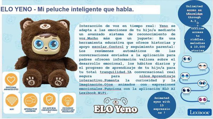 Lexibook Peluche Interactivo Elo Yeno con IA y ojos animados Lexibook Peluche Interactivo Elo Yeno con IA y ojos animados