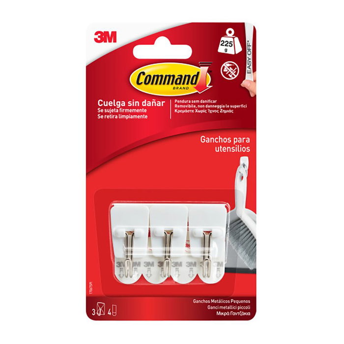 3M Command Gancho con Punta de Alambre, Pequeño 19 x 41 x 19 mm, Ref. 17067, 3 Unidades + 4 Tiras Adhesivas, Carga Máxima 225 g