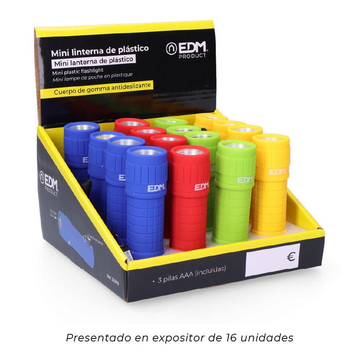 EDM Mini Linterna LED COB Trail Grip 60 Lúmenes 0.5W, 3x Pilas AAA Incluidas, Colores Surtidos (Ø30 x 96 mm)