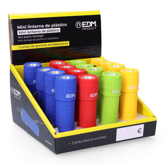 EDM Mini Linterna LED COB Trail Grip 60 Lúmenes 0.5W, 3x Pilas AAA Incluidas, Colores Surtidos (Ø30 x 96 mm)