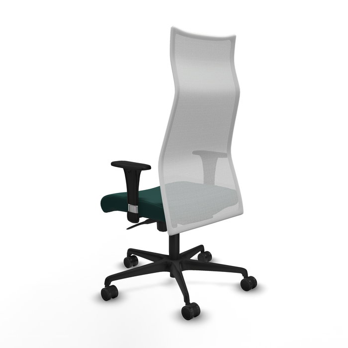 Sillón Albacete con mecanismo Sincro tapizada con Similpiel color Verde botella y malla color Blanco. Equipado con Base nailon negra, Brazos 1D y Ruedas 65mm nailon