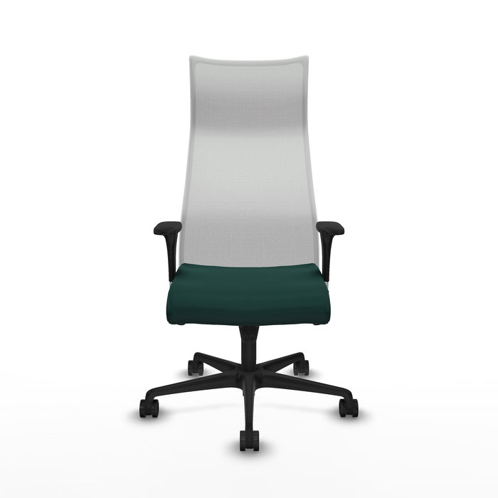 Sillón Albacete con mecanismo Sincro tapizada con Similpiel color Verde botella y malla color Blanco. Equipado con Base nailon negra, Brazos 1D y Ruedas 65mm nailon