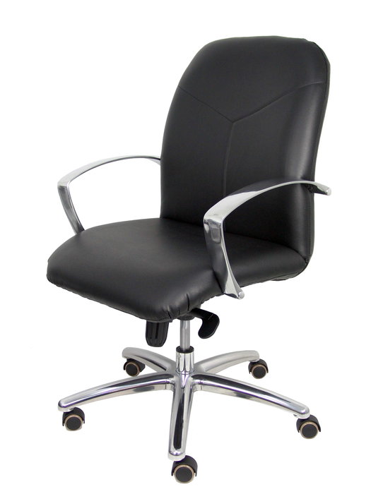 Silla Caudete confidente con mecanismo Basculante avanzado tapizada con Similpiel color Negro. Equipada con Base aluminio, Brazos fijos y Ruedas de parqué