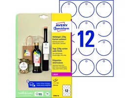 Avery Etiquetas Colgantes Blancas Redondas Ø 60mm, Cartón 220g, Imprimibles Doble Cara, Pack de 120 Unidades (10 Hojas)