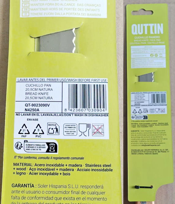 Quttin Cuchillo Pan Natura Hoja 20 cm (32 Unidades)