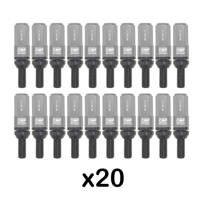 Omp OMPS09981404 Juego 20 Tornillos Rueda M14x1.5 Largo 28mm Aluminio 7075 DIN 12.9 Llave 17-19mm Con Protector Color Gris