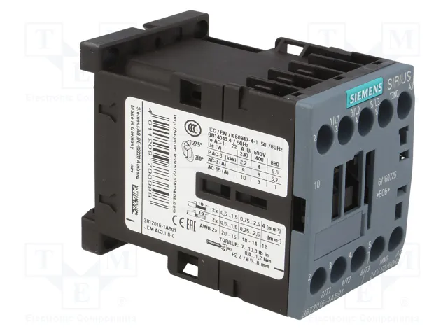 SIEMENS 3RT2016-1AB01 Contactor 3-polar 9A 24VAC