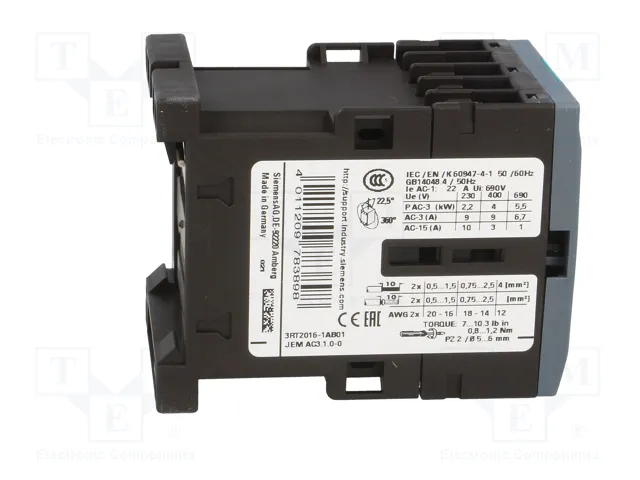 SIEMENS 3RT2016-1AB01 Contactor 3-polar 9A 24VAC