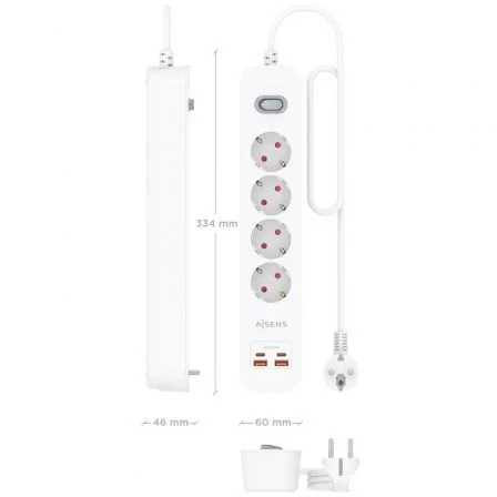 Aisens ASPS-2A2C12-W Regleta de Enchufes con 4 Tomas Schuko, 2 USB-C, 2 USB-A, Cargador PD3.0 de 20W, Cable 1.4m, Blanco