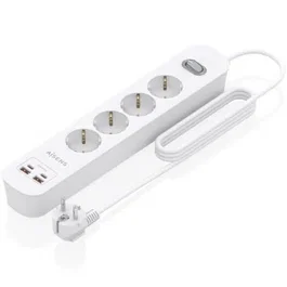 Aisens ASPS-2A2C12-W Regleta de Enchufes con 4 Tomas Schuko, 2 USB-C, 2 USB-A, Cargador PD3.0 de 20W, Cable 1.4m, Blanco