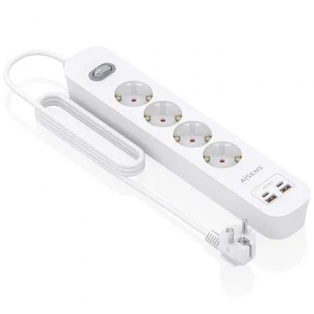 Aisens ASPS-2A2C12-W Regleta de Enchufes con 4 Tomas Schuko, 2 USB-C, 2 USB-A, Cargador PD3.0 de 20W, Cable 1.4m, Blanco