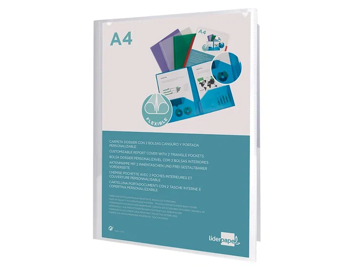 Liderpapel Carpeta Dossier con 2 Bolsas Canguro 45684 Polipropileno DIN A4 Transparente