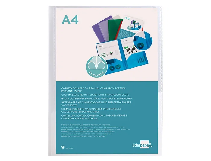 Liderpapel Carpeta Dossier con 2 Bolsas Canguro 45684 Polipropileno DIN A4 Transparente