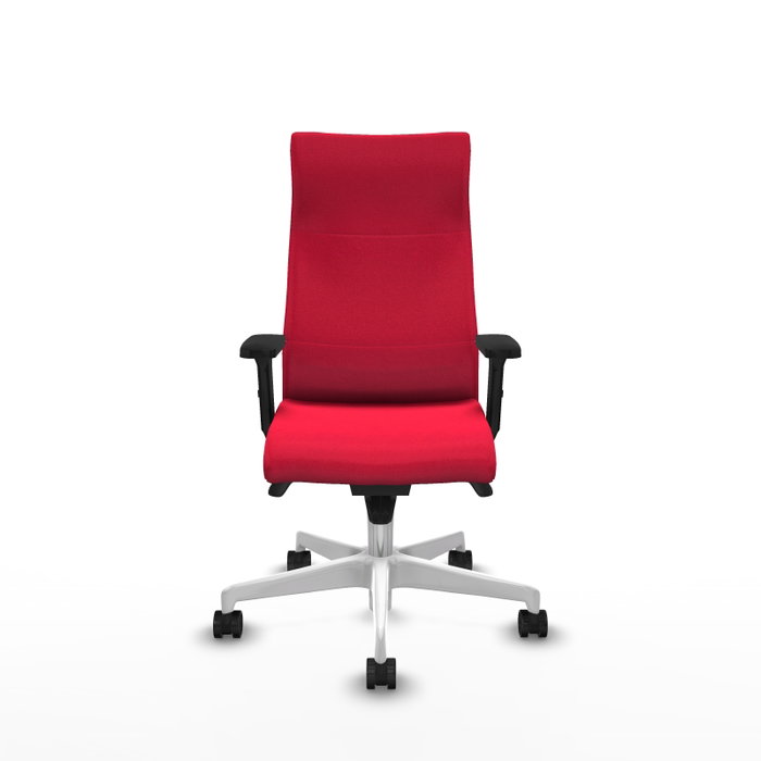 Sillón Albacete con mecanismo Sincro tapizada con Tela color Rojo. Equipado con Base poliamida blanca, Brazos 2D y Ruedas 65mm nailon