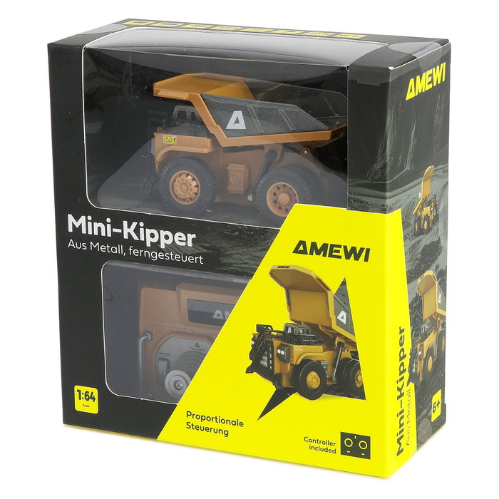 AMEWI 22743 Camión Volquete Metálico a Control Remoto Mini-Kipper 1:64 RTR de 8 Canales 2.4 GHz para Niños 6+ Años con Luces