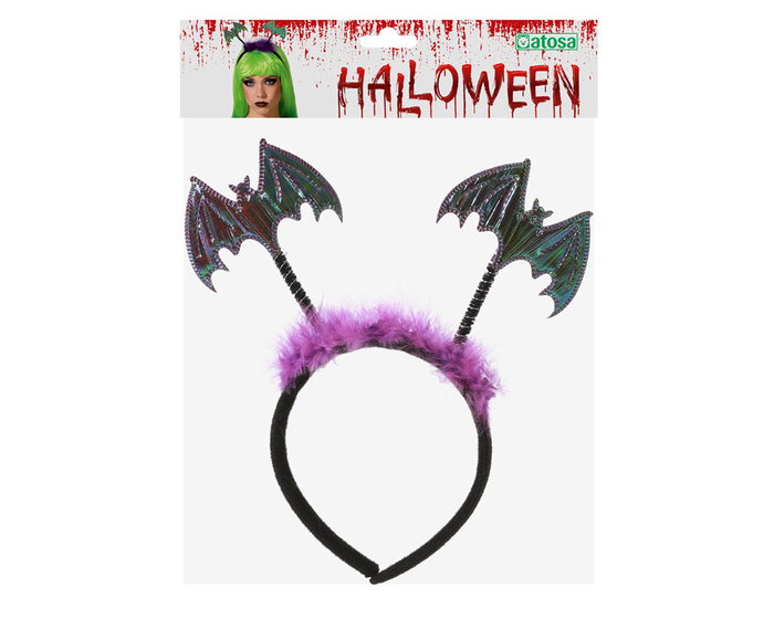 Diadema Murciélagos Halloween Mujer Adulto con Purpurina y Plumas Púrpura
