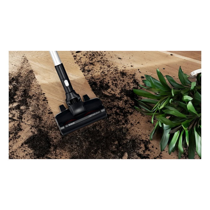 Bosch BSS715FRSH - Aspiradora escoba 2 en 1 sin bolsa, color negro y plata, 0.3L, para seco, batería 18V 5Ah extraíble, carga rápida, con cepillo para alfombra y suelo