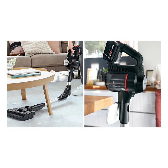 Bosch BSS715FRSH - Aspiradora escoba 2 en 1 sin bolsa, color negro y plata, 0.3L, para seco, batería 18V 5Ah extraíble, carga rápida, con cepillo para alfombra y suelo