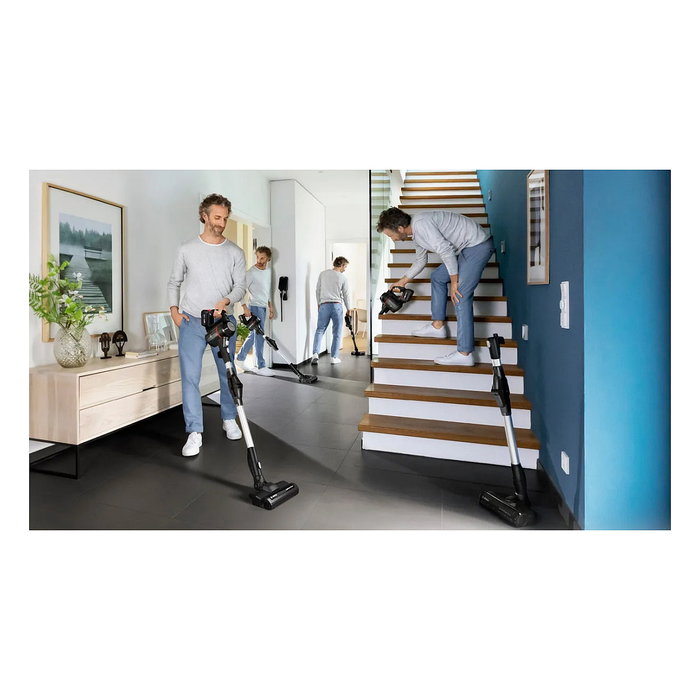 Bosch BSS715FRSH - Aspiradora escoba 2 en 1 sin bolsa, color negro y plata, 0.3L, para seco, batería 18V 5Ah extraíble, carga rápida, con cepillo para alfombra y suelo